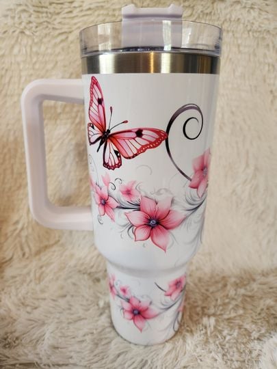 Pink Floral Butterfly Wildflowers Tumbler 40oz With Handle