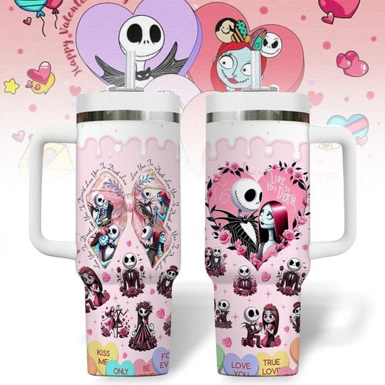 Valentine Couple Stainless Tumbler, Nightmare Valentine Cartoon 40Oz Tumbler, Skellington Sally Tumbler