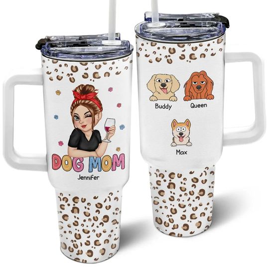 Dog Mom Leopard Pattern - Personalized 40oz Tumbler With Straw