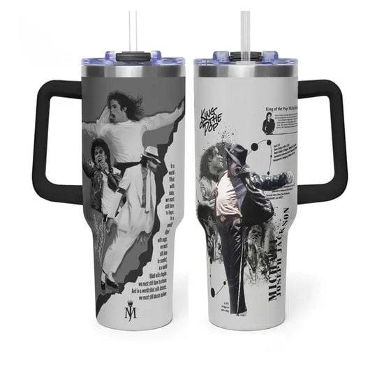 Michael Jackson 40oz Tumbler with Handle - Insulated Travel Mug, Music Legend Gift
