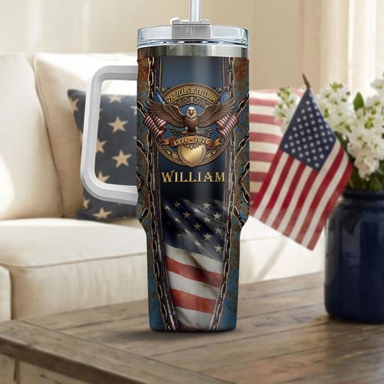Personalized 40oz Tumbler with Handle - Patriotic Eagle Design
