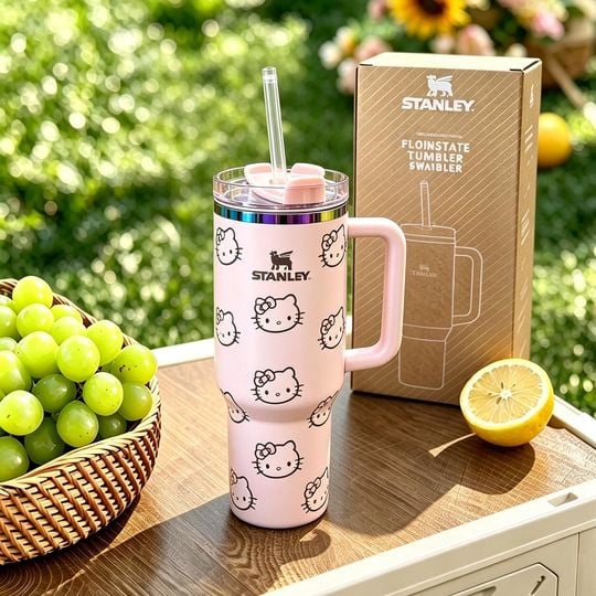 Kitty 40oz Tumbler with Handle - Pink Stainless Steel Travel Mug