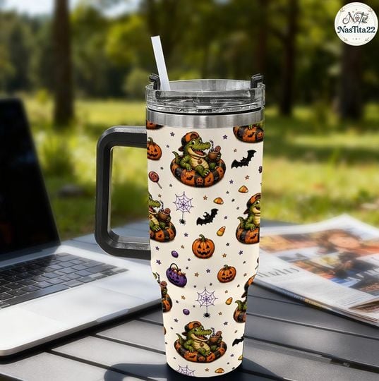 Halloween Alligator 40oz Tumbler with Handle, Cute Spooky Crocodile Pumpkin Pattern Stainless Steel Mug, Trick or Treat Drinkware Gift