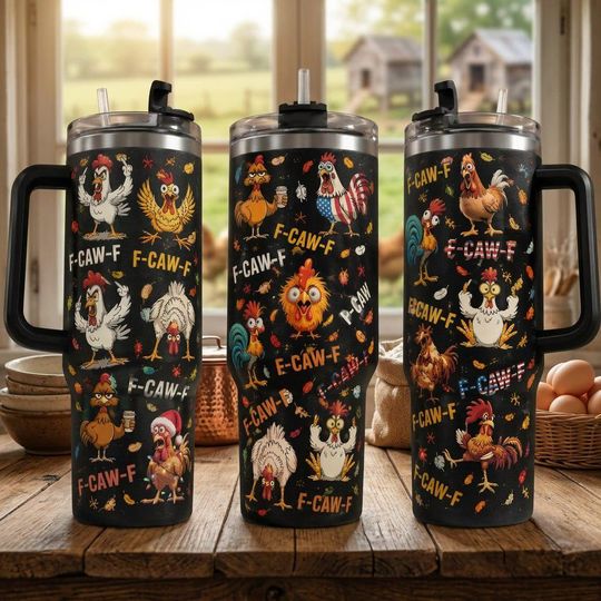 Funny Chicken 40oz Tumbler with Handle and Straw, F-Caw-F Rooster Travel Mug, Humorous Farm Animal Gift for Men and Women