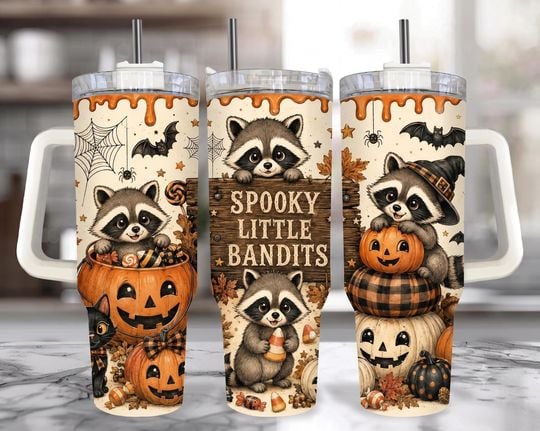 Personalized Halloween Raccoon Tumbler 40oz, Cute Fall Autumn Cup With Handle, Spooky Little Bandits Mug, Trick Or Treat Gift For Her