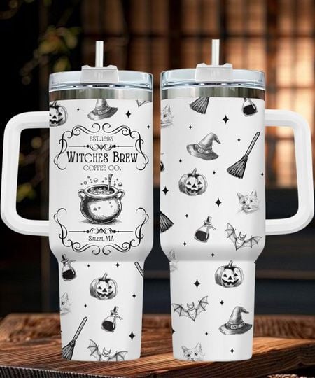 Witches Brew Halloween 40oz Tumbler with Handle, Witch Coffee Travel Mug, Spooky Salem Cup