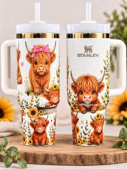Customized Stanley 40oz Tumbler – Highland Cow Sunflowers (UV Printed)