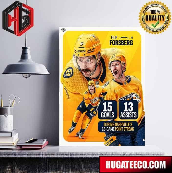 Filip Forsberg Number 9 During Nashville‚Äôs 18 Game Point Streak NHL Poster Canvas