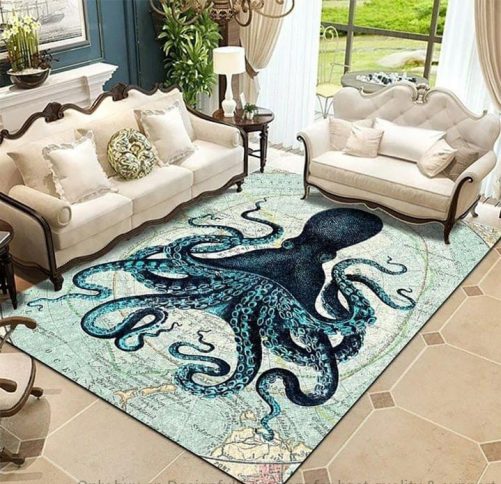 Map Earth Blue Octopus Rug