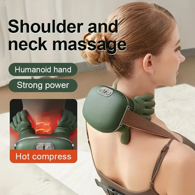 Wireless Bionic Heated Electric Neck and Shoulder Massager with Finger Massager, Portable Shiatsu 4D Kneading Deep Tissue Body Massager with Simulated Human Hand Design for Pain Relief and Muscle Relax