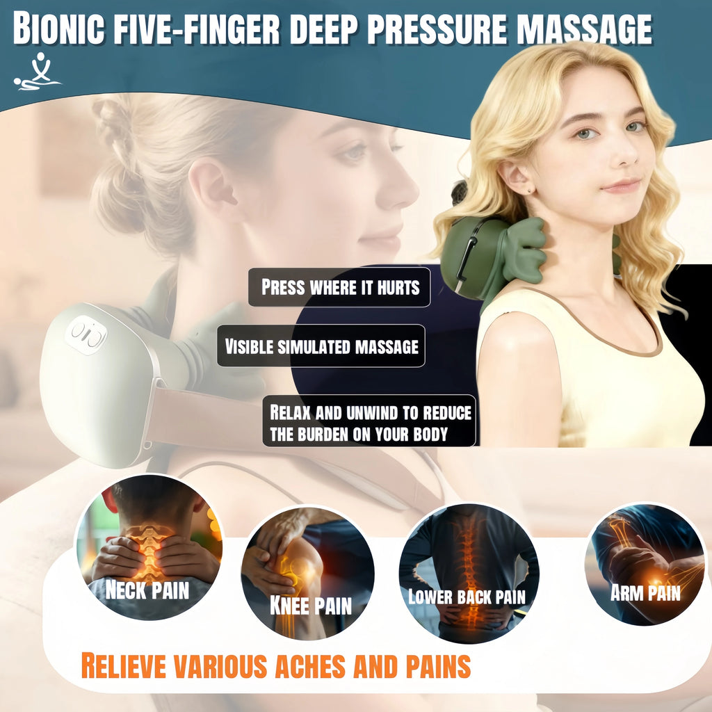 Wireless Bionic Heated Electric Neck and Shoulder Massager with Finger Massager, Portable Shiatsu 4D Kneading Deep Tissue Body Massager with Simulated Human Hand Design for Pain Relief and Muscle Relax