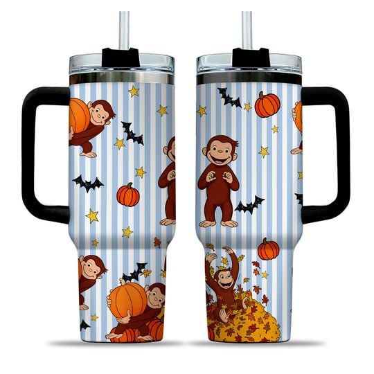 Curious George Tumbler 40oz with Handle Curious George Fall Pumpkin Travel Mug Stainless Steel Insulated Cup Halloween Leaves Coffee Cup
