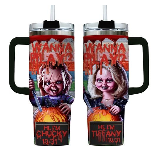 Halloween Chucky Child's Play 40oz Tumbler, Horror Characters Tumbler Cup, Chucky And Tiffany, Halloween Movie Stainless Tumbler
