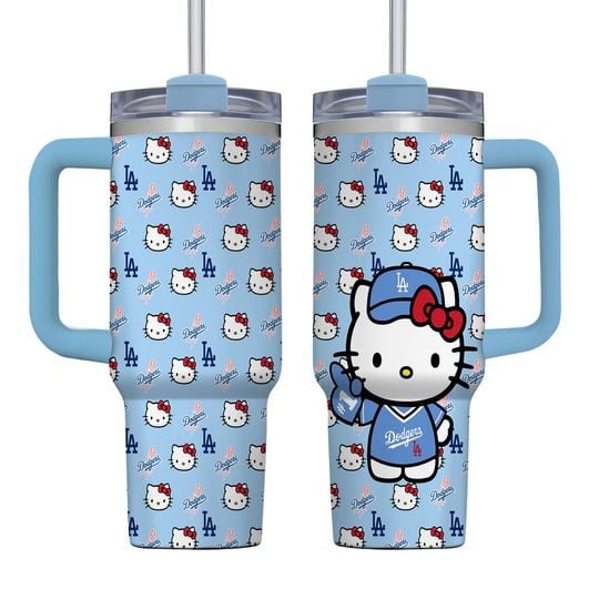 Kitty Tumbler 40oz, Cute Kawaii Cup, Dodgers Inspired Mug, Travel Mug with Handle