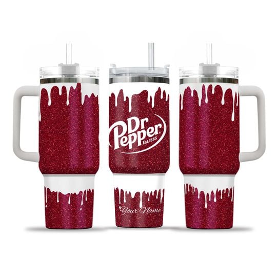 Dr Pepper Tumbler, 40oz Tumbler, Paint Drip Design, Christmas Gift, 40oz Stainless Steel, Tumbler with Handle, Glitter Design, Perfect Gift