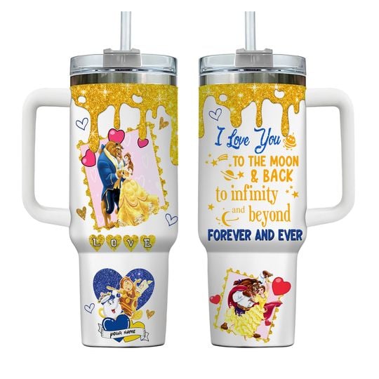 Custom Beauty And Beast Valentine Tumbler, 40oz Water Tumbler, I Love You To The Moon And Back