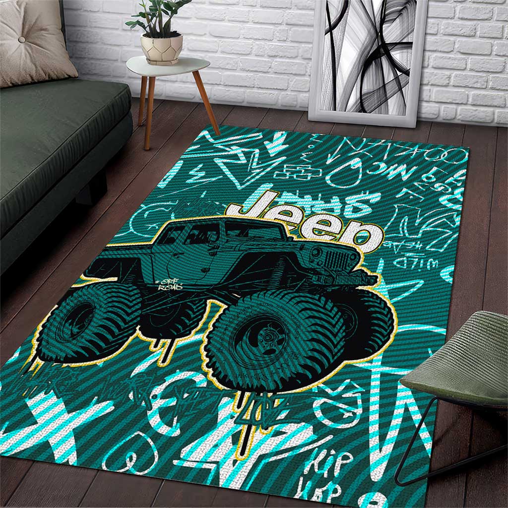 Off-Road Jeep Area Rug Graffiti Style Freedom Quote and Striped Background TN1607261622