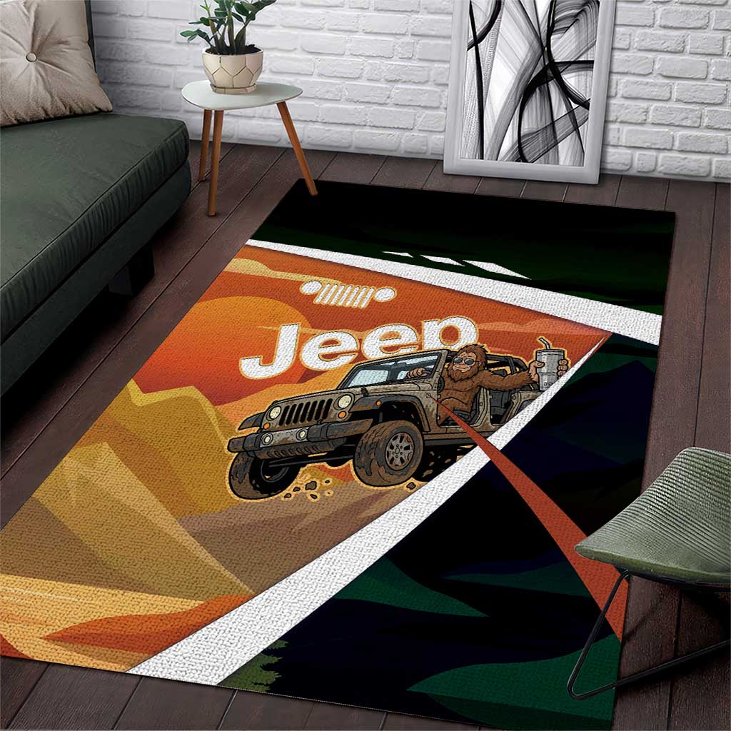 Trail Vibes Jeep with Bigfoot Area Rug Retro Desert Adventure Graphic Style TN1607261609