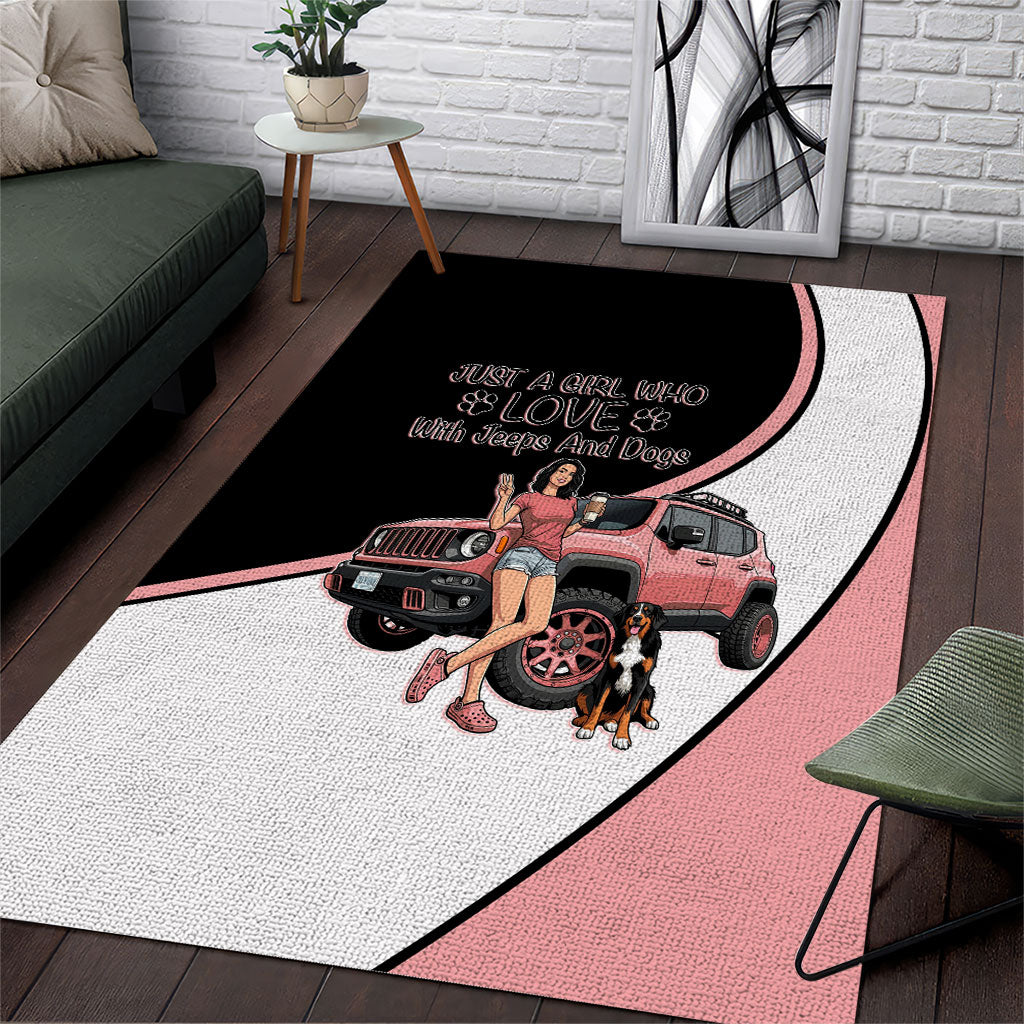 Just A Girl Who Love With Jeeps And Dogs Area Rug Cute Off-Road Lifestyle Cartoon Illustration with Pink Adventure Theme TN1607261562
